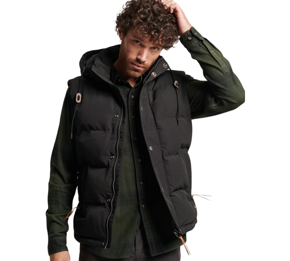 Superdry Everest Gilet mit Kapuze für Herren, Schwarz, UK, S-2XL