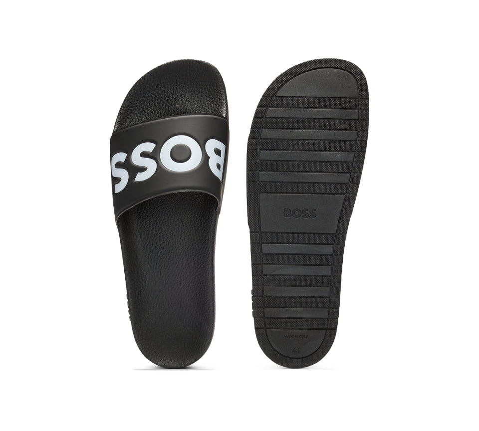Vivi Sports Hugo Boss Aryeh Slides – Men's Slip-On Sandals in Black, UK Sizes 7 to 11 – Lightweight and Water-Resistant Design with Contoured Footbed for Comfort – Ideal for Poolside, Casual Wear, Holidays, or Everyday Summer Style
