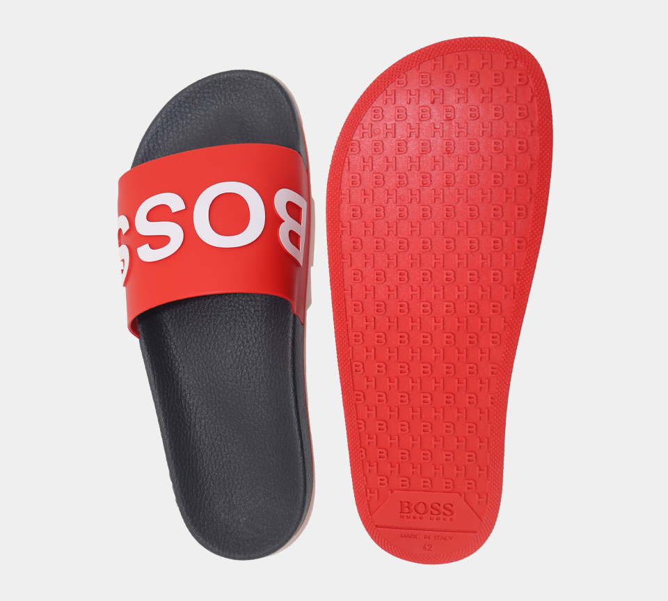 Hugo Boss Logo 50432591641 Pantoletten mit Monogramm-geprägter Außensohle, Rot/Schwarz, UK 8–11