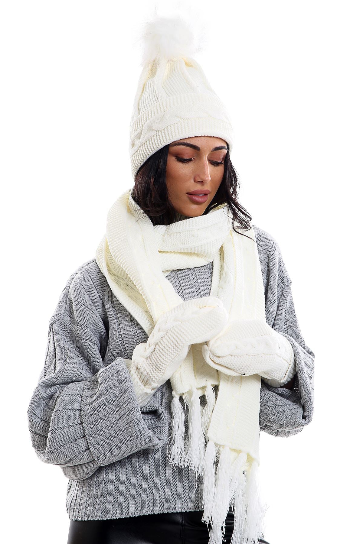Dames LHTSF171 Ensemble écharpe et mitaines en tricot épais et laineux - CRÈME