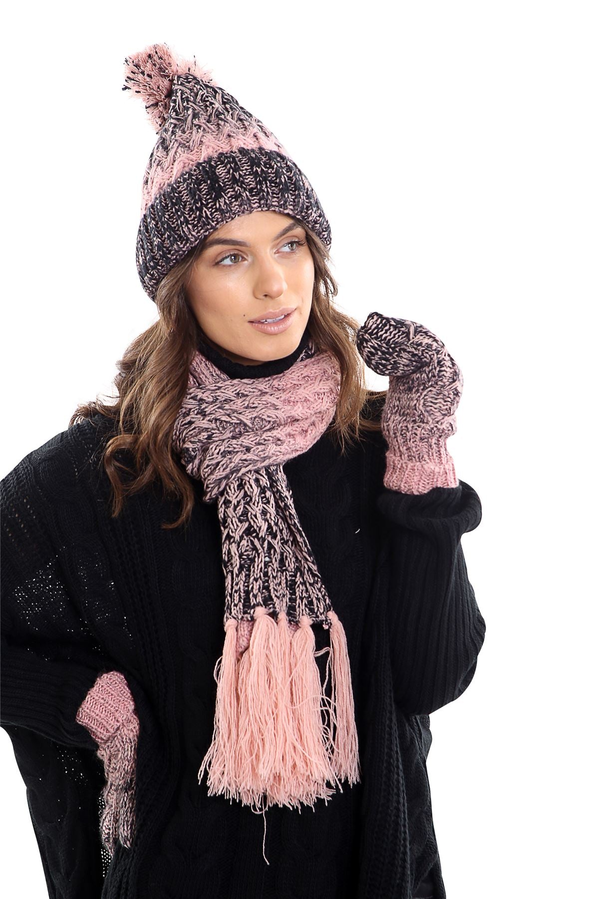 Womens LHTSF172 Wooly Thick knitted Hat, Scarf and Glove set - Pink & Black