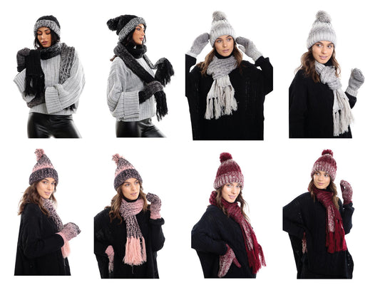 Womens Wooly Thick knitted Hat, Scarf and Glove set