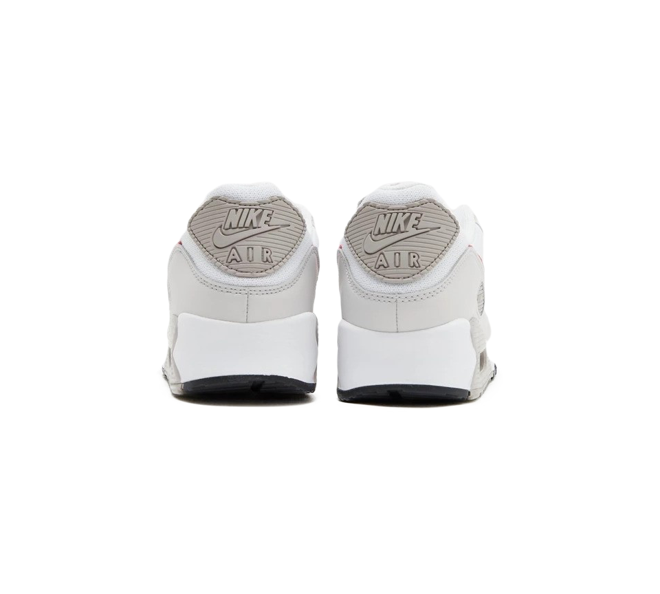 Vivi Sports Nike Air Max 90 Trainers – White Sneakers with Red Swoosh Logo in UK Size 10 – Classic Running-Inspired Design Featuring Visible Air Max Cushioning – Durable and Stylish Footwear Ideal for Casual Outfits, Walking, and Everyday Streetwear
