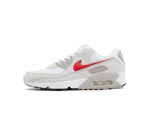 Vivi Sports Nike Air Max 90 Trainers – White Sneakers with Red Swoosh Logo in UK Size 10 – Classic Running-Inspired Design Featuring Visible Air Max Cushioning – Durable and Stylish Footwear Ideal for Casual Outfits, Walking, and Everyday Streetwear