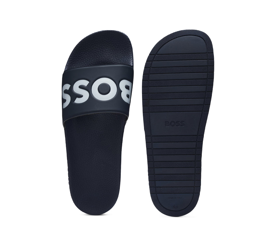 Vivi Sports Hugo Boss Aryeh Slides – Men's Slip-On Sandals in Dark Blue, UK Sizes 7 to 11 – Lightweight and Water-Resistant Design with Contoured Footbed for Comfort – Ideal for Poolside, Casual Wear, Holidays, or Everyday Summer Style