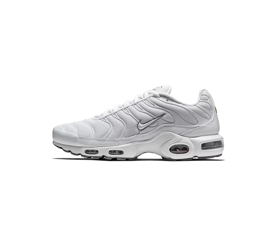 Vivi Sports Nike Air Max Plus Trainers – White/Black, Sneakers in UK Size 10 – Features Tuned Air Cushioning for Maximum Comfort and Support – Iconic Wavy Design with Mesh Upper – Ideal for Running, Training, or Everyday Streetwear Style