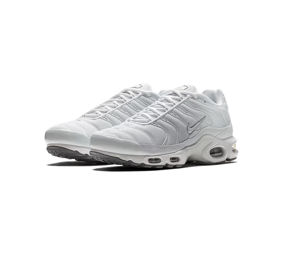 Vivi Sports Nike Air Max Plus Trainers – White/Black, Sneakers in UK Size 10 – Features Tuned Air Cushioning for Maximum Comfort and Support – Iconic Wavy Design with Mesh Upper – Ideal for Running, Training, or Everyday Streetwear Style