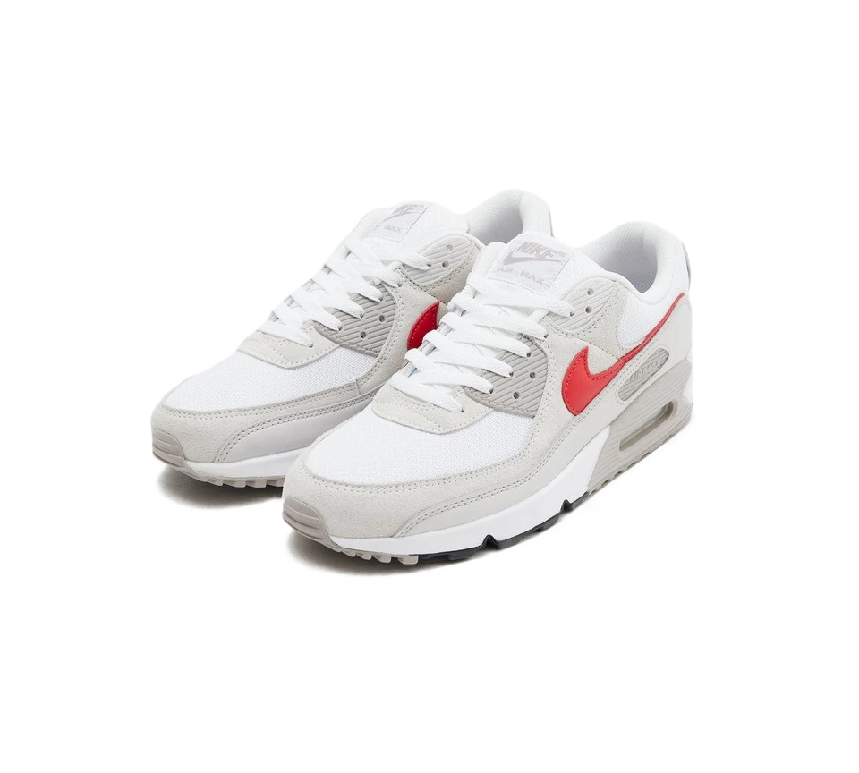 Vivi Sports Nike Air Max 90 Trainers – White Sneakers with Red Swoosh Logo in UK Size 10 – Classic Running-Inspired Design Featuring Visible Air Max Cushioning – Durable and Stylish Footwear Ideal for Casual Outfits, Walking, and Everyday Streetwear