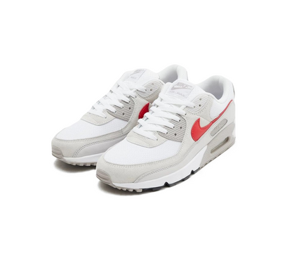 Vivi Sports Nike Air Max 90 Trainers – White Sneakers with Red Swoosh Logo in UK Size 10 – Classic Running-Inspired Design Featuring Visible Air Max Cushioning – Durable and Stylish Footwear Ideal for Casual Outfits, Walking, and Everyday Streetwear
