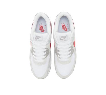 Vivi Sports Nike Air Max 90 Trainers – White Sneakers with Red Swoosh Logo in UK Size 10 – Classic Running-Inspired Design Featuring Visible Air Max Cushioning – Durable and Stylish Footwear Ideal for Casual Outfits, Walking, and Everyday Streetwear