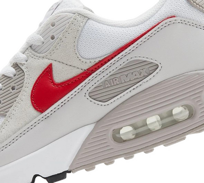 Vivi Sports Nike Air Max 90 Trainers – White Sneakers with Red Swoosh Logo in UK Size 10 – Classic Running-Inspired Design Featuring Visible Air Max Cushioning – Durable and Stylish Footwear Ideal for Casual Outfits, Walking, and Everyday Streetwear
