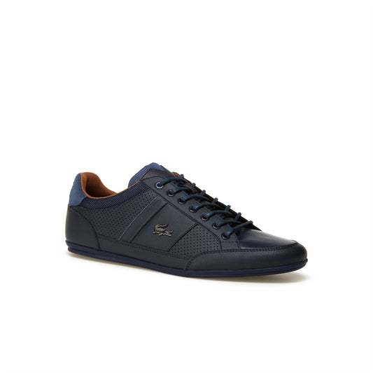 LACOSTE CHAYMON LEATHER TRAINERS NAVY/TAN