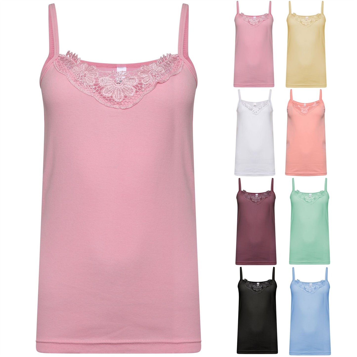 Schlichtes Damen-Unterhemd aus Baumwolle mit Spitzenbesatz am Ausschnitt, Cami-Tanktop mit Trägern