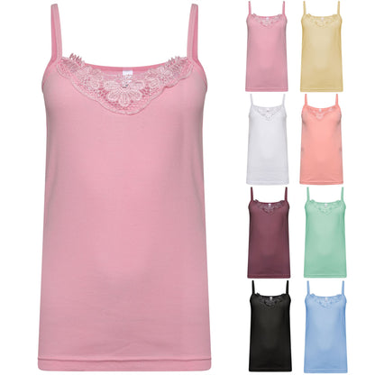 Schlichtes Damen-Unterhemd aus Baumwolle mit Spitzenbesatz am Ausschnitt, Cami-Tanktop mit Trägern