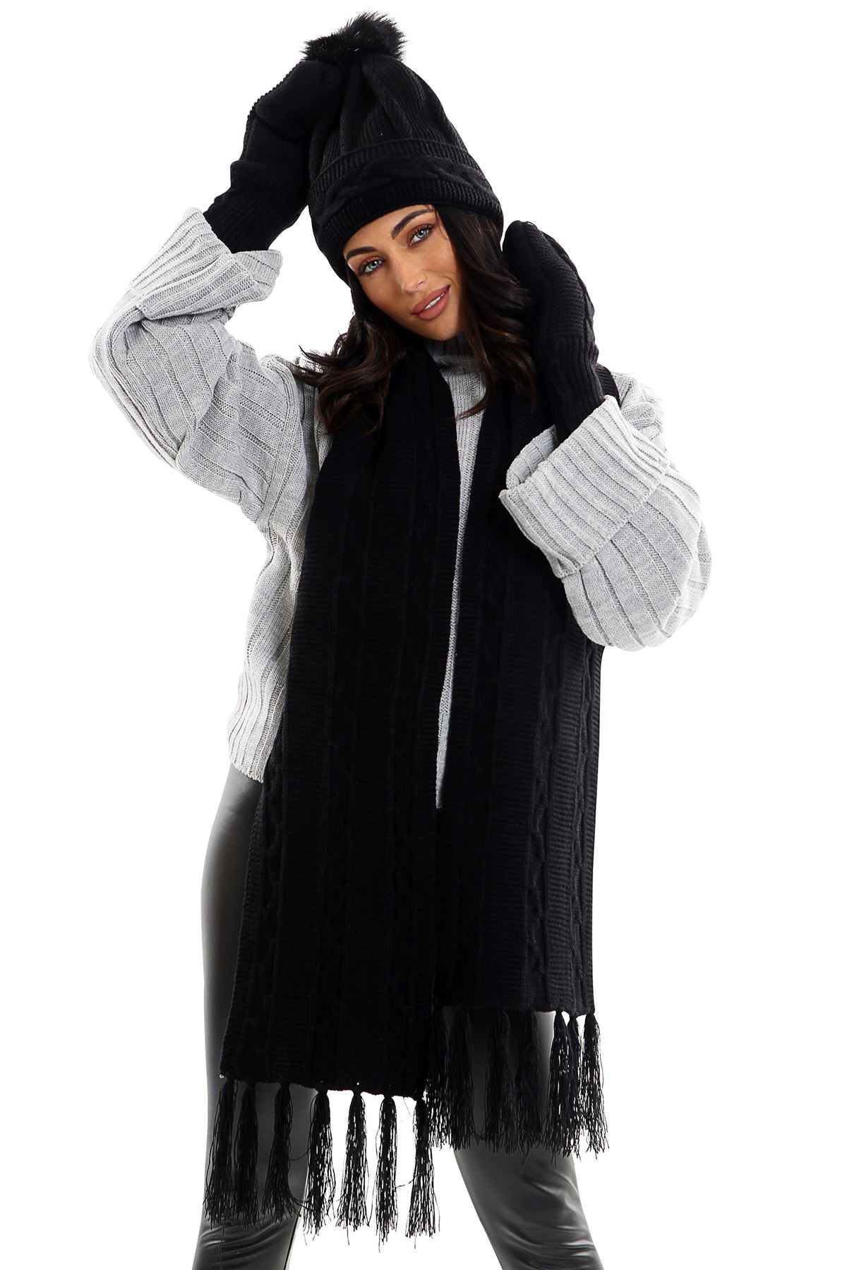Ladies LHTSF171 Wooly Thick Knitted Hat Scarf & Mitten Set - BLACK