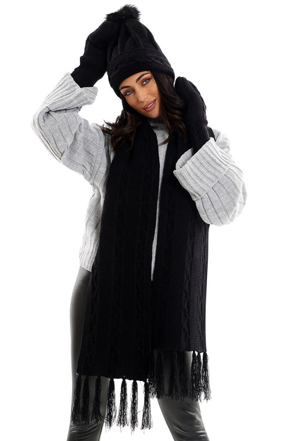 Ladies LHTSF171 Wooly Thick Knitted Hat Scarf & Mitten Set - BLACK