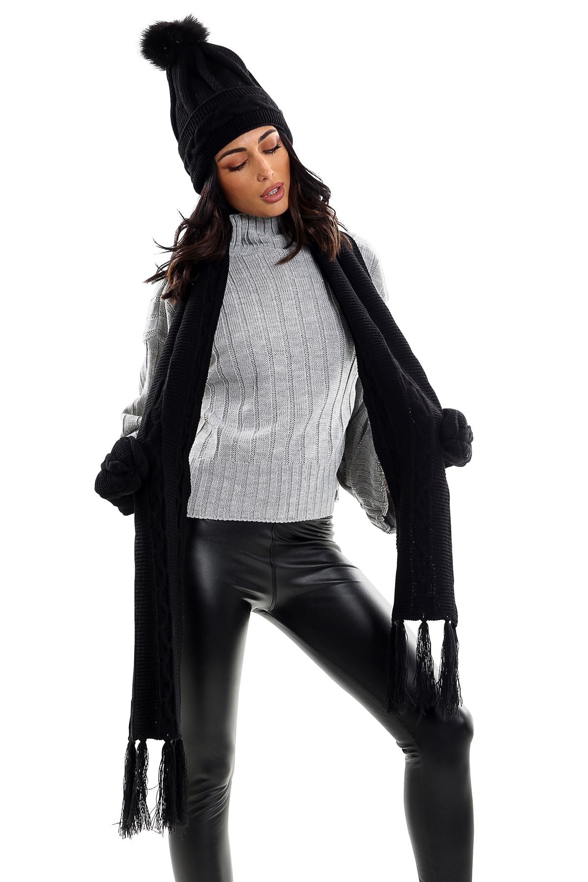 Ladies LHTSF171 Wooly Thick Knitted Hat Scarf & Mitten Set - BLACK