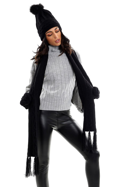 Ladies LHTSF171 Wooly Thick Knitted Hat Scarf & Mitten Set - BLACK