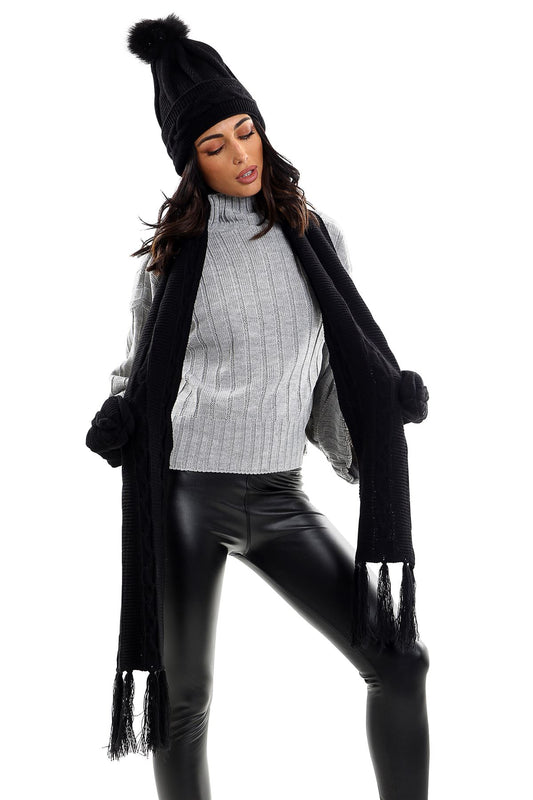 Ladies LHTSF171 Wooly Thick Knitted Hat Scarf & Mitten Set - BLACK