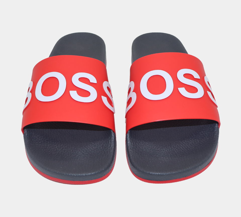 Hugo Boss Logo 50432591641 Pantoletten mit Monogramm-geprägter Außensohle, Rot/Schwarz, UK 8–11