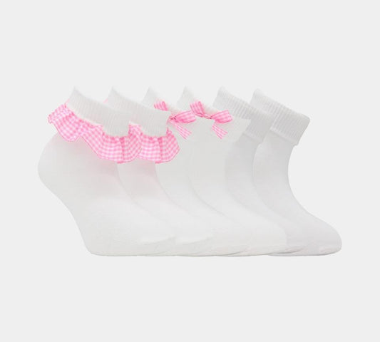 6 Pack Gingam Lace and Bow Children Socks UK 6-8.5