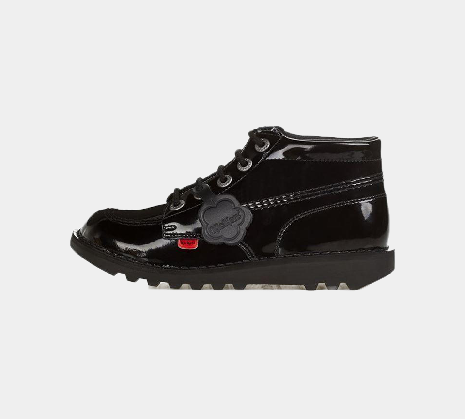 Bottes Kickers Classic Hi noires et vernies pour jeunes, travail scolaire