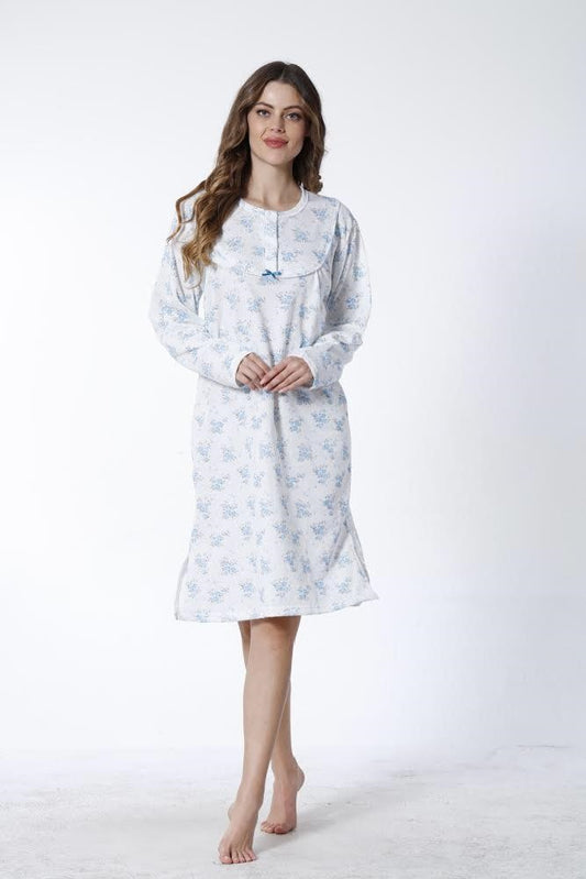 Womens Luxury Brushed Cotton Wincyette Long Sleeve Nightie Nightdress M-2XL Blue