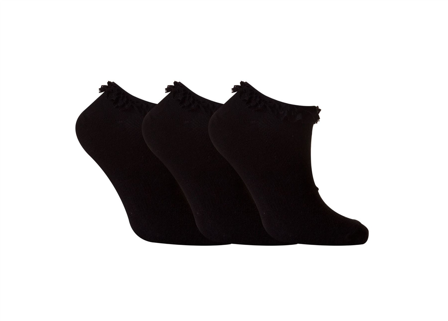 Fresh Feel Girls Lace Trainer Ankle Socks Black UK 4-7