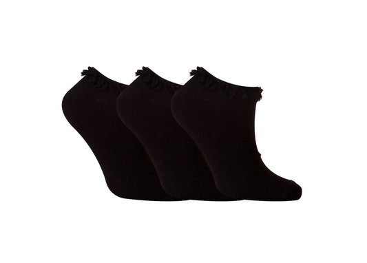 Fresh Feel Girls Lace Trainer Ankle Socks Black UK 4-7