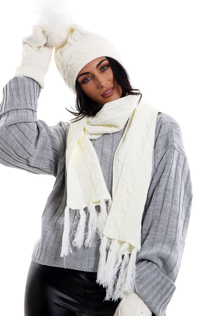 Ladies LHTSF171 Wooly Thick Knitted Hat Scarf & Mitten Set - CREAM
