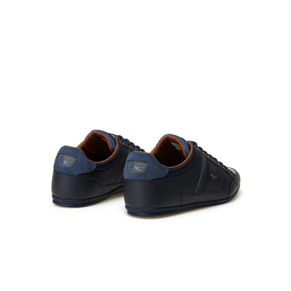LACOSTE CHAYMON LEATHER TRAINERS NAVY/TAN
