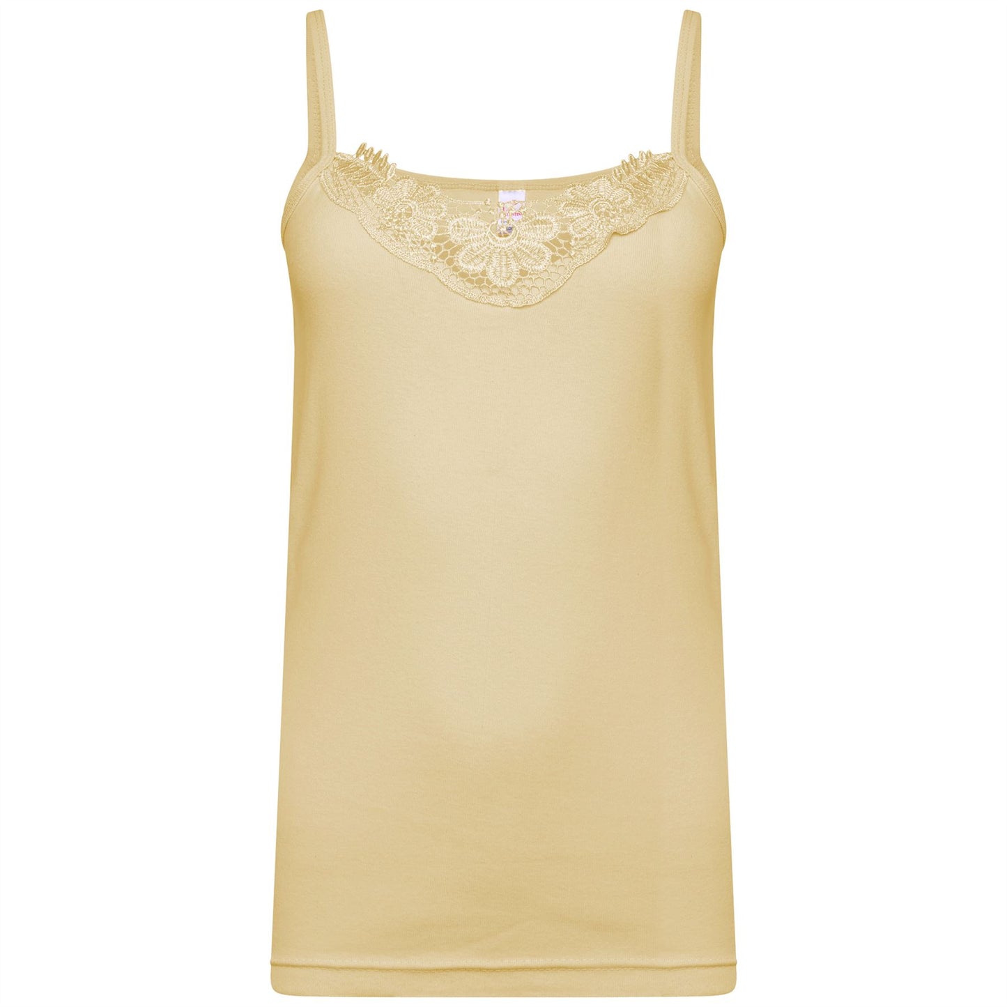 Schlichtes Damen-Unterhemd aus Baumwolle mit Spitzenbesatz am Ausschnitt, Cami-Tanktop mit Trägern
