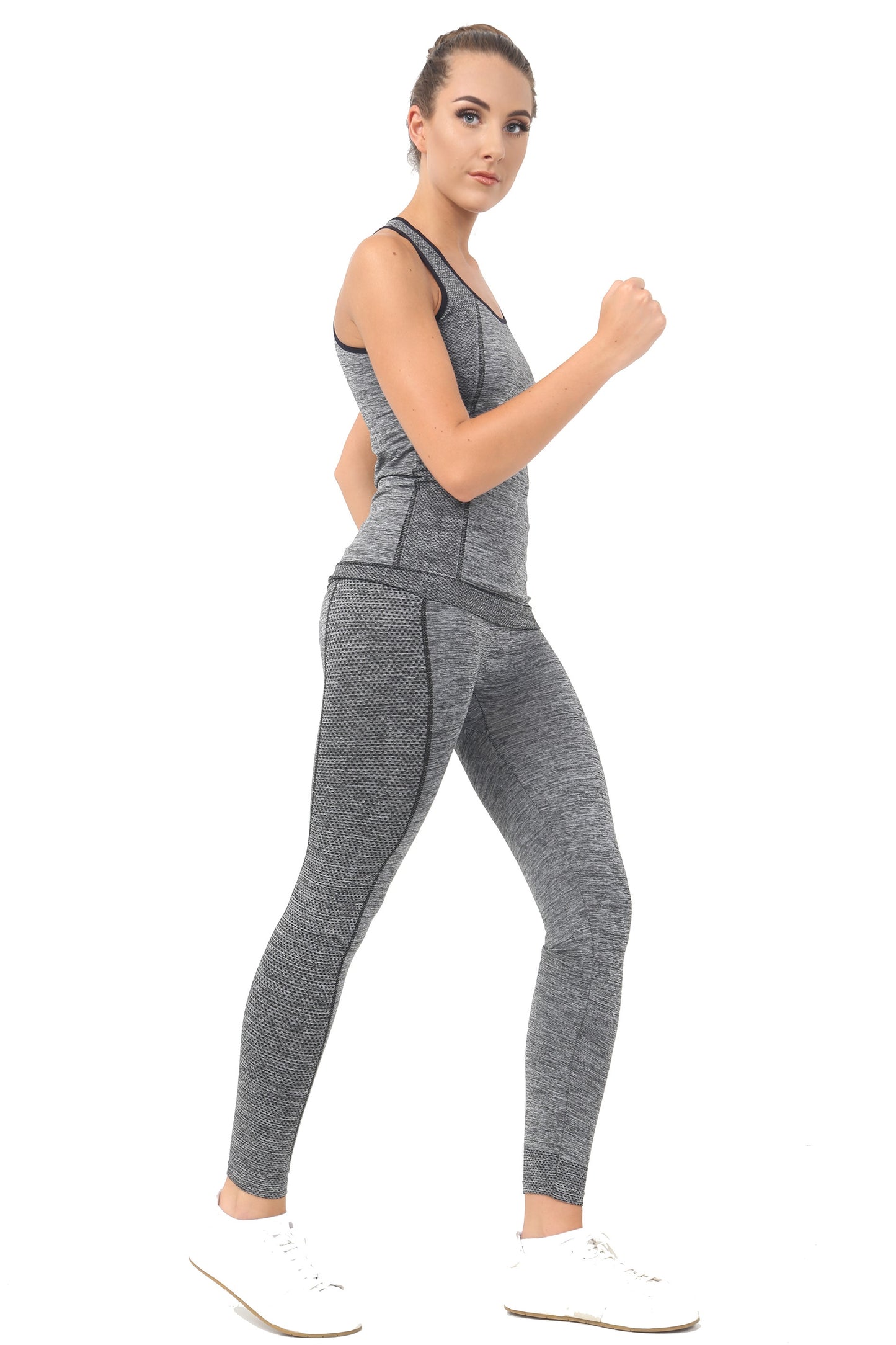 Damen-Set, 2-teilig, Yoga, Fitness, Sportbekleidung, Weste, Top, Leggings, Fitnessstudio, Workout, S-XL, Grau 